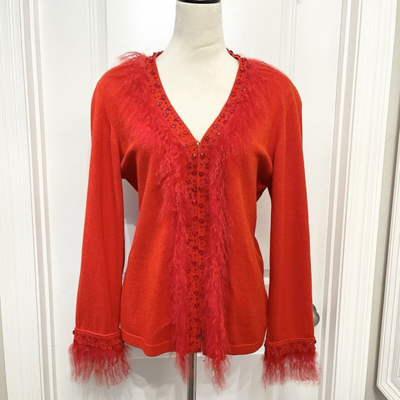 ESCADA Red Boa Trim Jeweled Sweater-‎ Cashmere Wool Silk Blend- EUR44